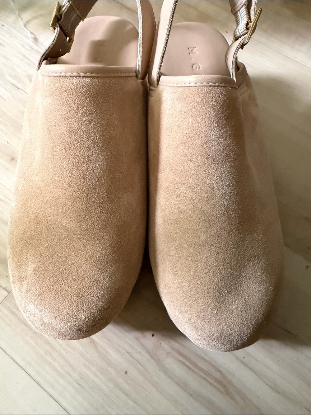 Neutral Suede Slingback Clogs with Studded Wood Platform - Picture 2 of 6